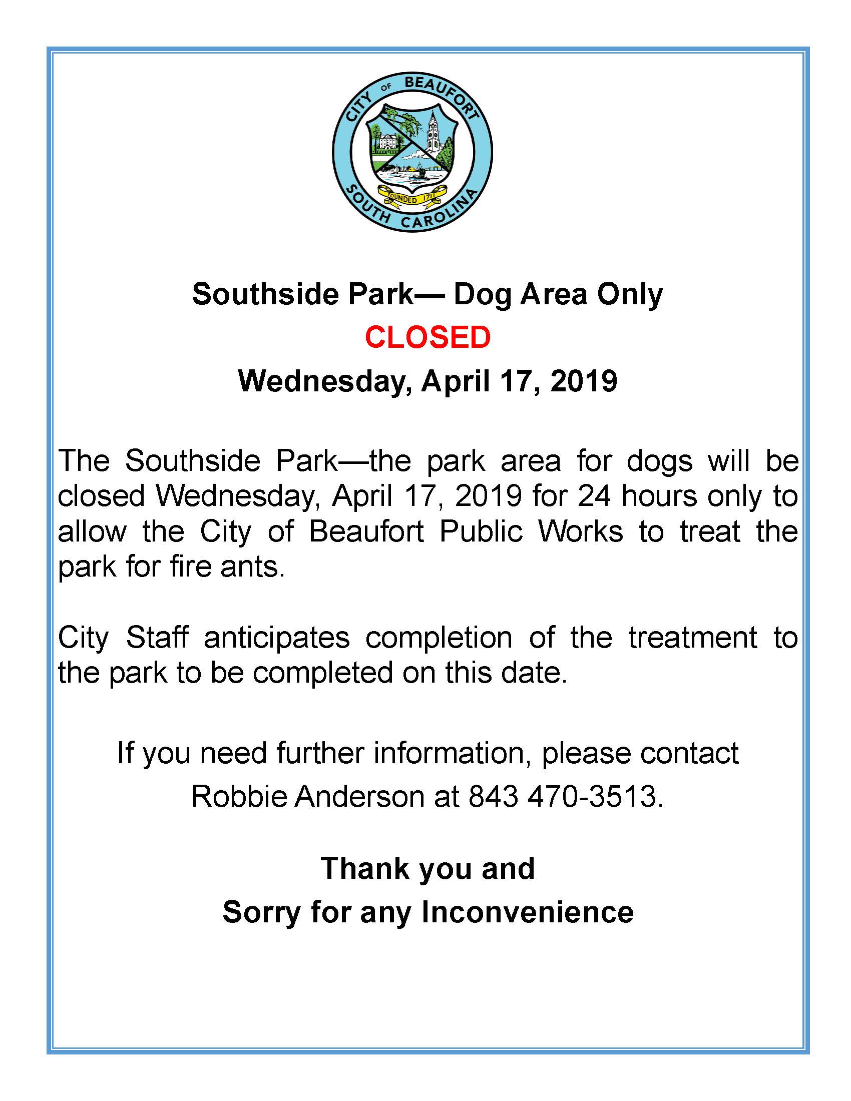 southside dog park closed April 2019 for insecticide