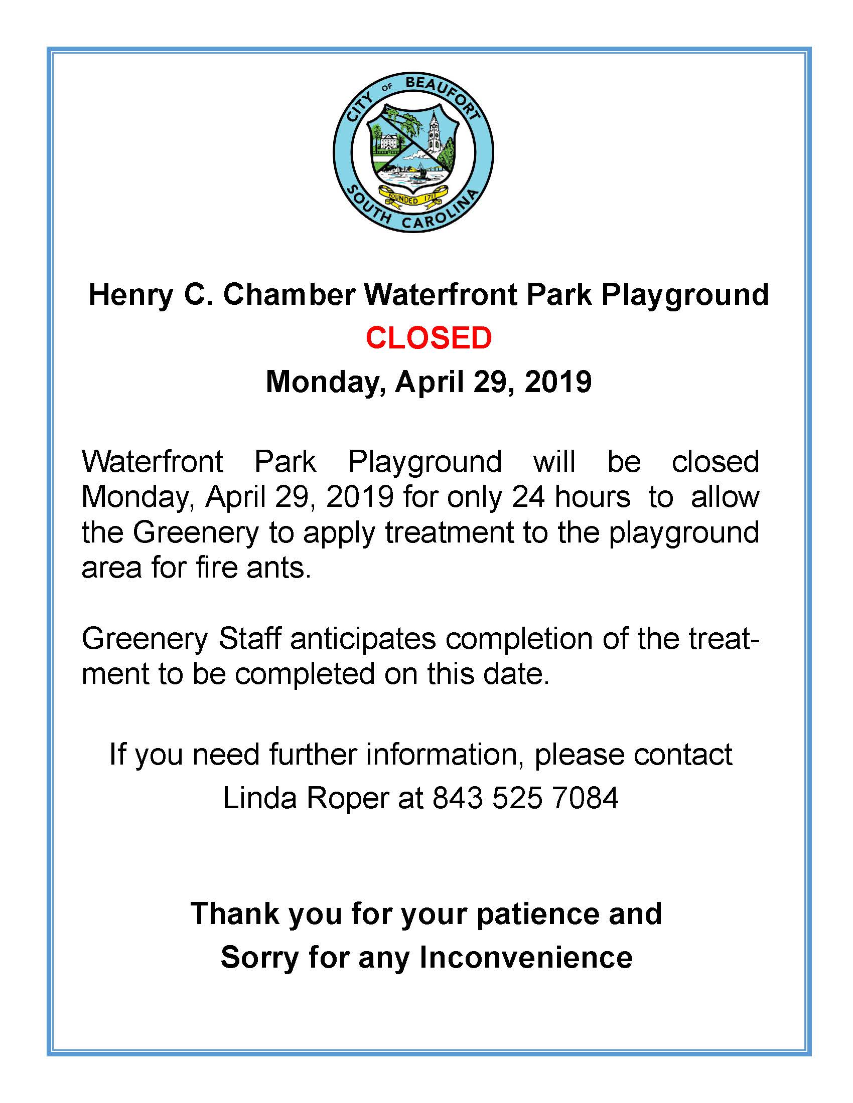WFP  playground closed April 29 for insecticide  2019