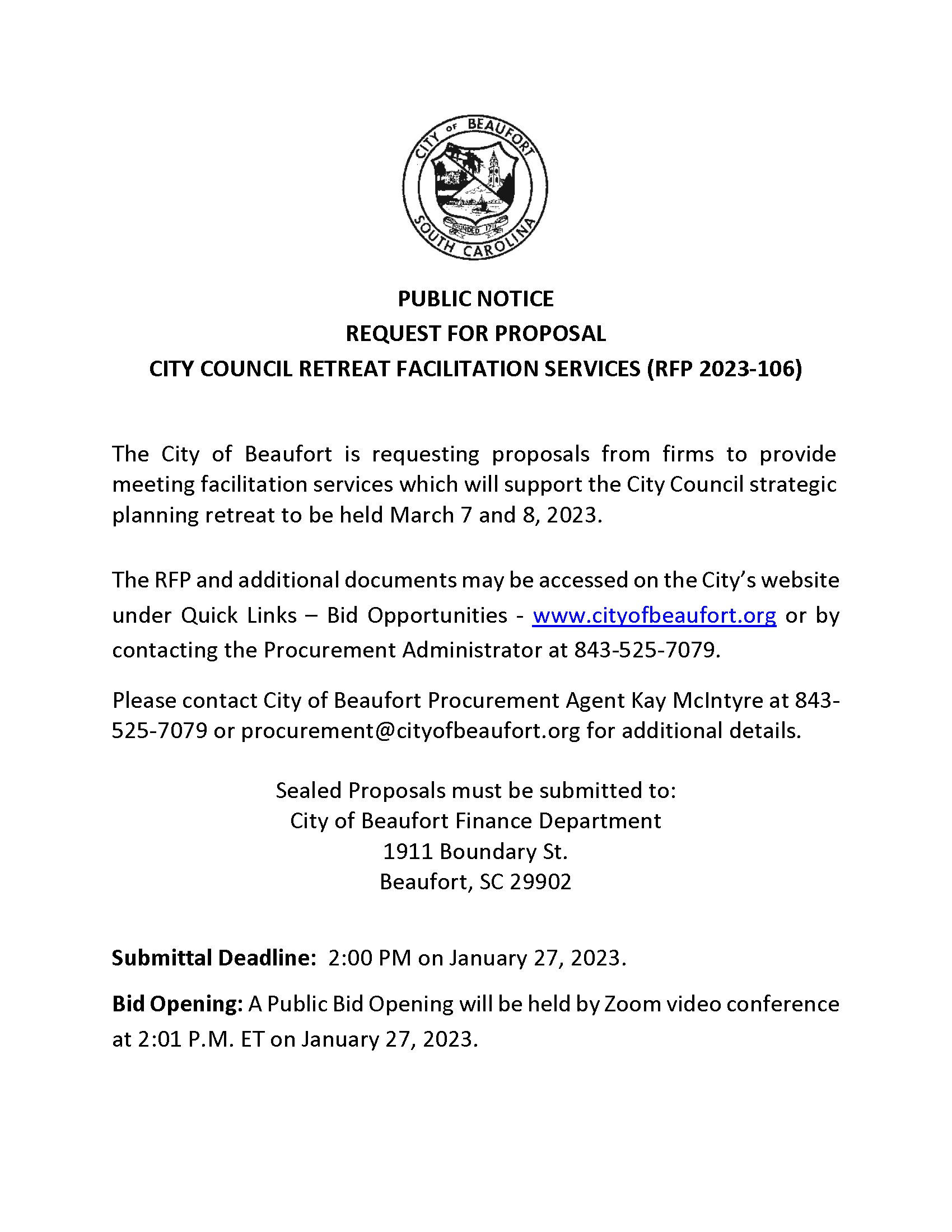 Public Notice Draft City Council Retreat Facilitation Services 2023-106 - 1.13.23